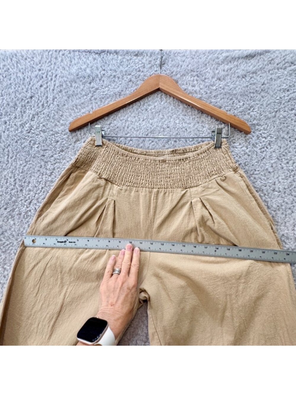 Wide-Leg Women's Linen Cropped Pants Smocked Waist Tan Relaxed Fit Boho Breezy - Picture 10 of 11